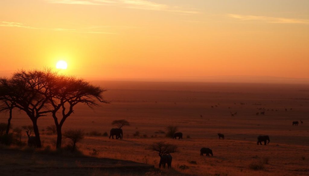 Tanzania Adventure landscape showing Serengeti plains with acacia trees and wildlife at sunset