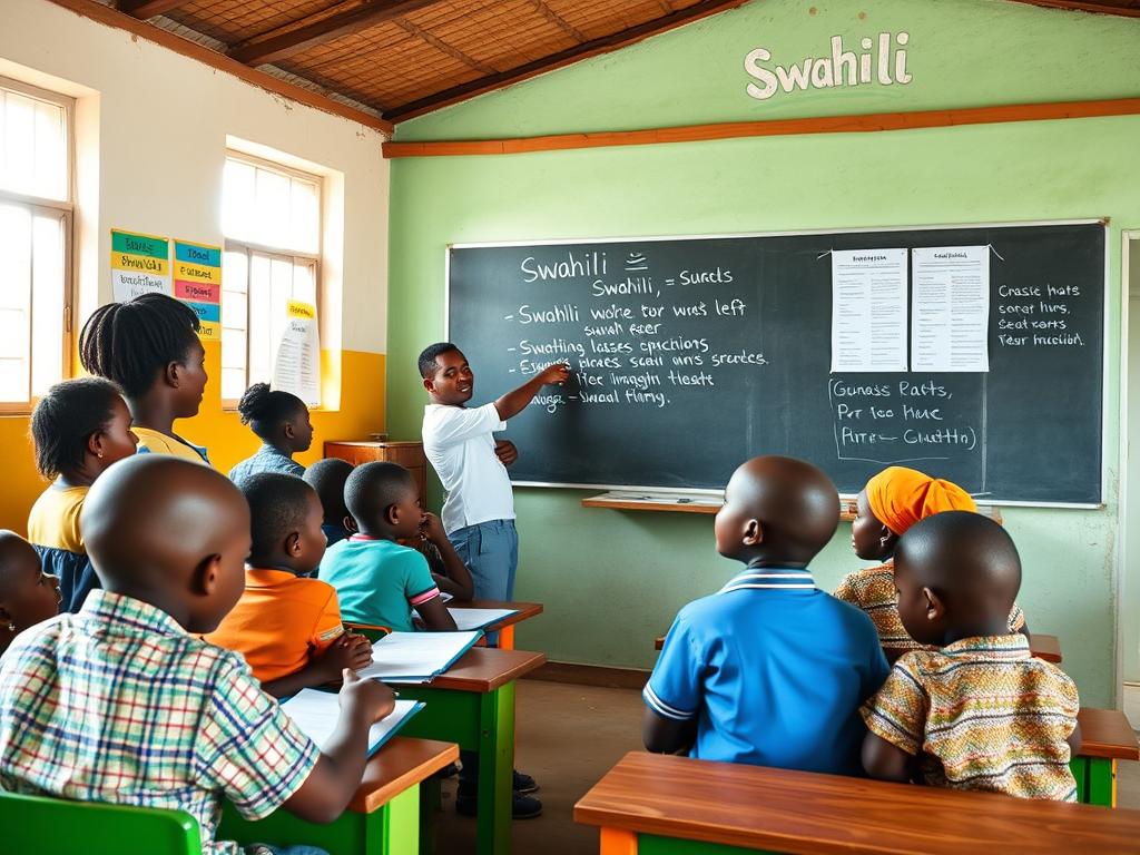 Tanzanian classroom with students learning Swahili language