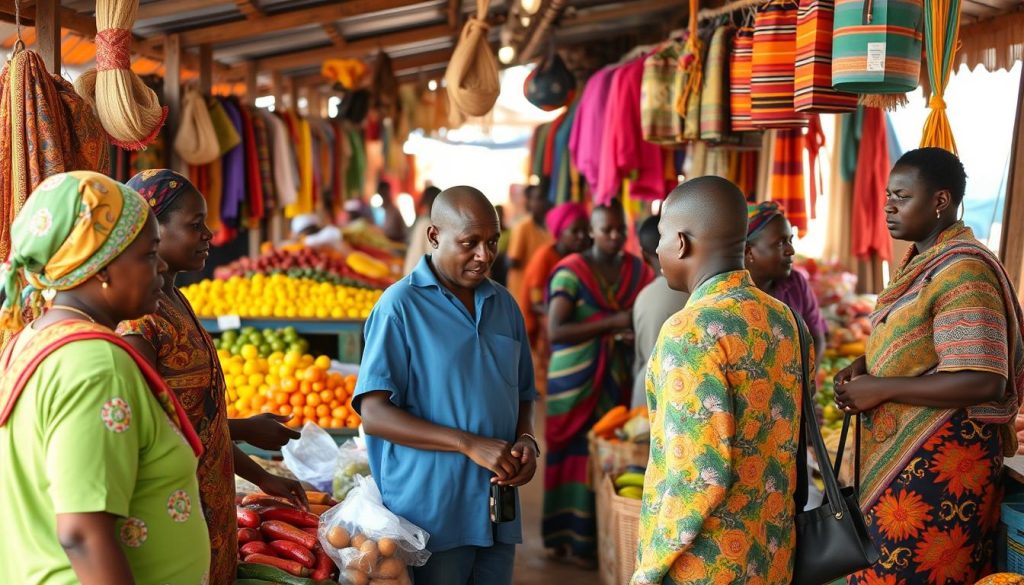 Tanzanian market scene with locals speaking Swahili during commerce