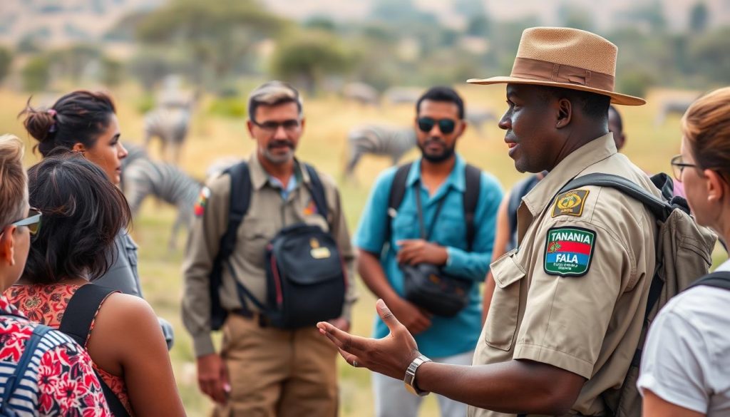 Tanzanian safari guide explaining wildlife to tourists in multiple languages