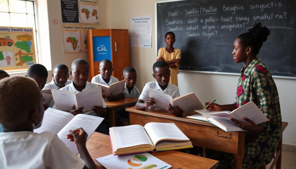 Tanzanian students in a classroom learning with Swahili textbooks