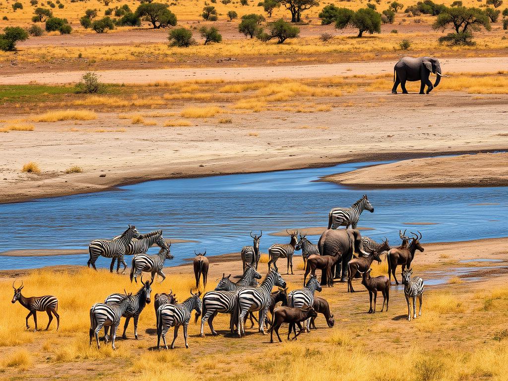 Tarangire River during dry season with animals gathering to drink