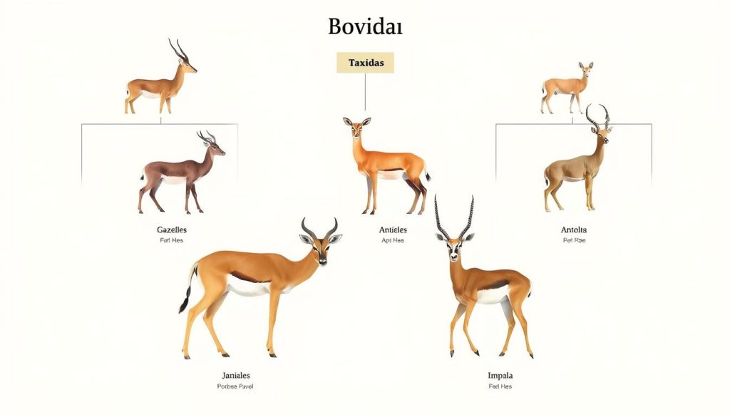 Taxonomic classification diagram showing the relationship between gazelle vs antelope vs impala within the Bovidae family