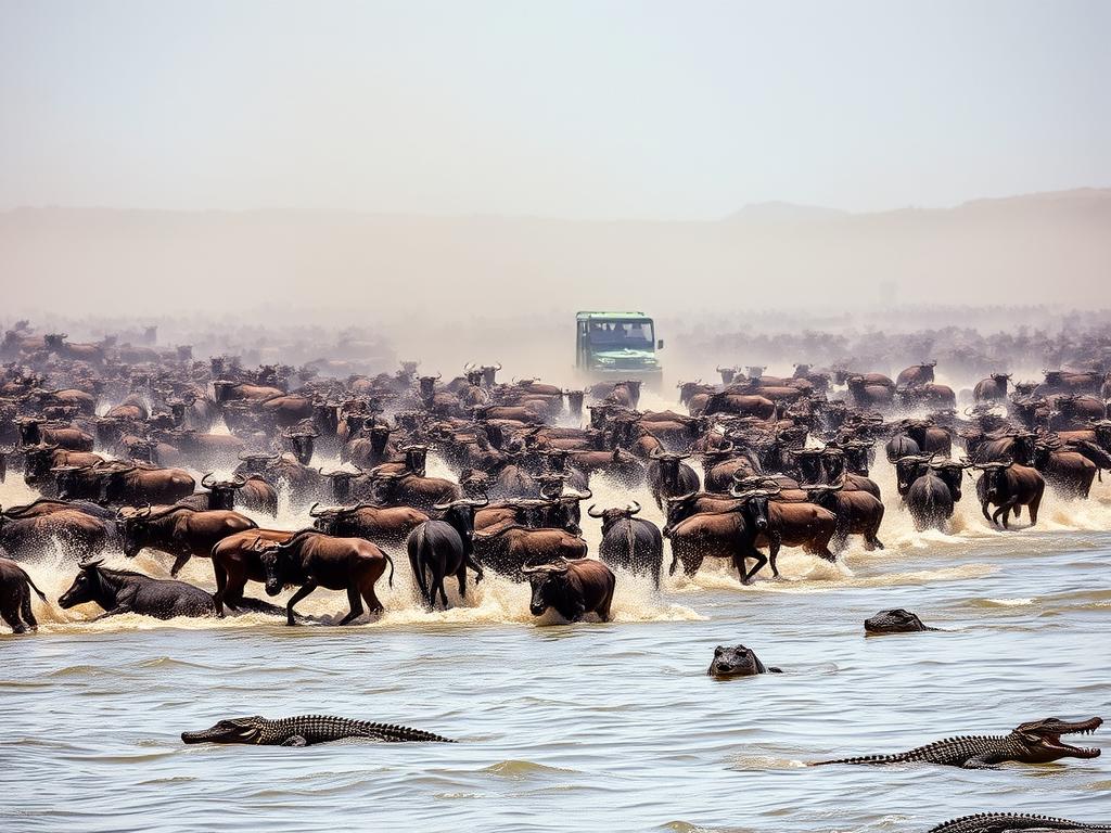 The Great Migration crossing the Mara River during a Tanzania adventure safari