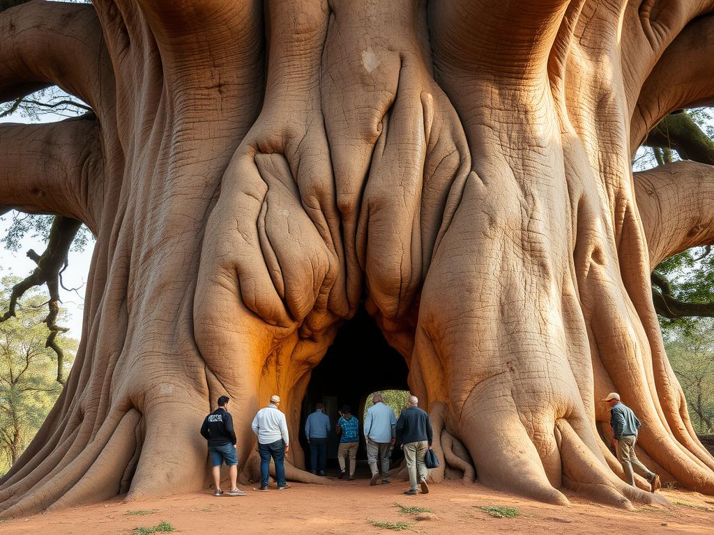 The famous Poacher's Hide baobab tree in Tarangire with tourists exploring its hollow interior