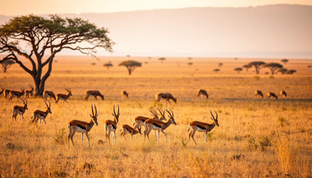 Thomson's gazelles grazing in the open savanna plains