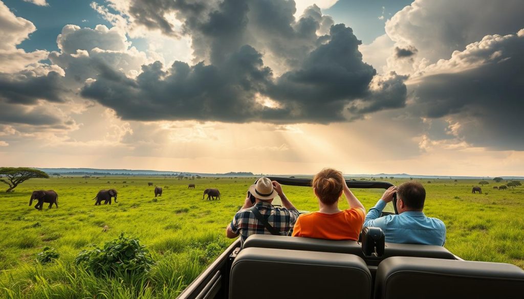 Tourist photographing wildlife with few other vehicles visible during Tanzania rainy season