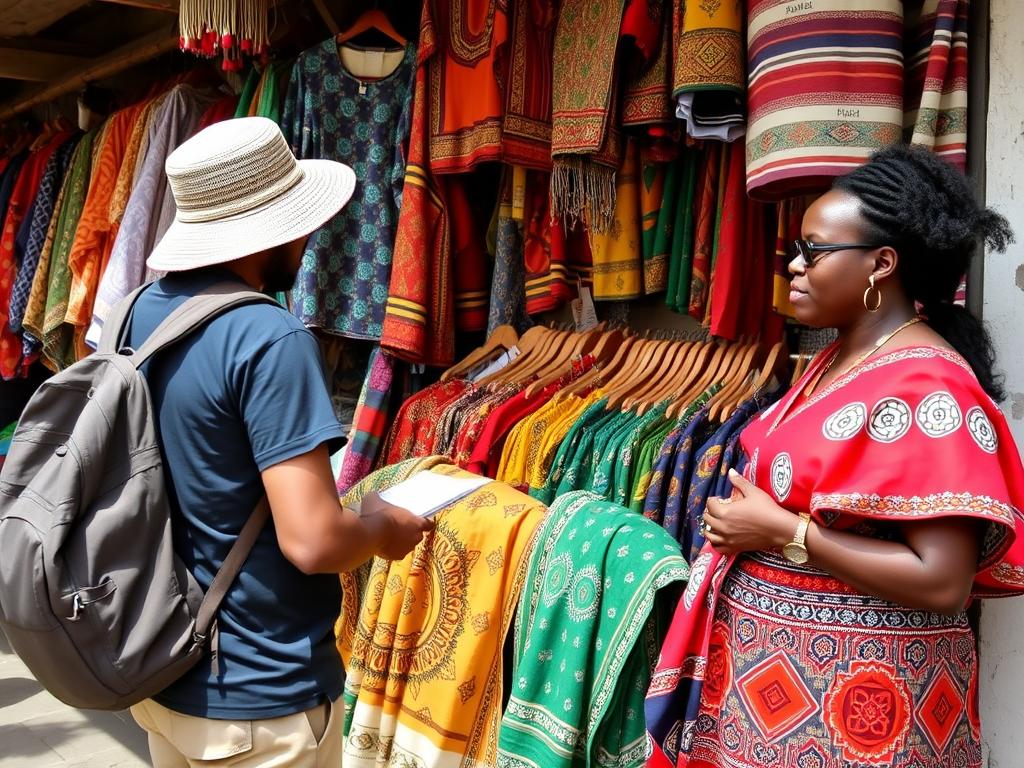 Tourist shopping for Zanzibar traditional clothing in Stone Town market