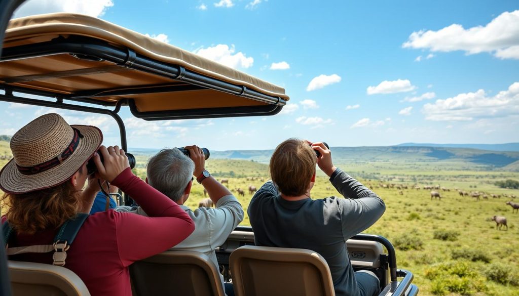 Tourists photographing wildlife in Ngorongoro Crater from a safari vehicle