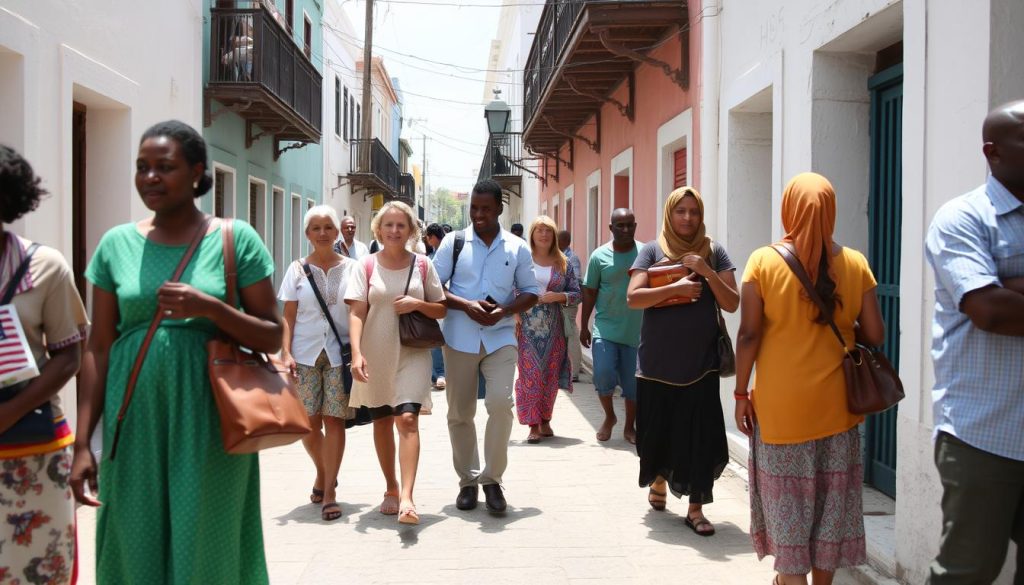 Tourists respectfully dressed in modest clothing while exploring Stone Town, Zanzibar
