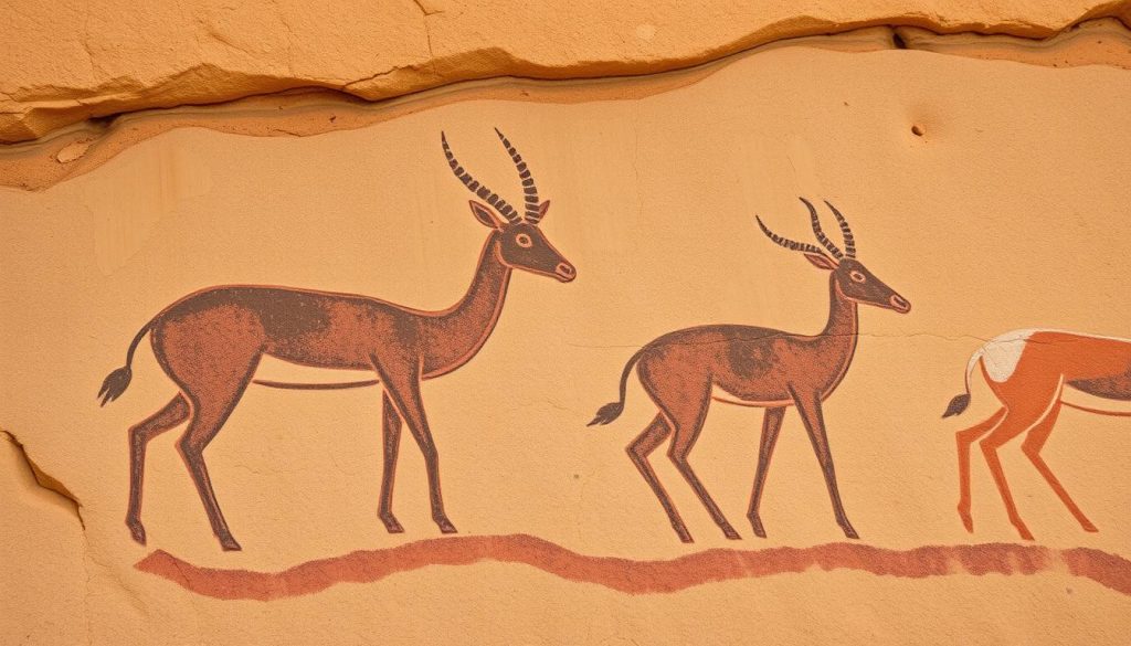 Traditional African rock art depicting antelopes and gazelles