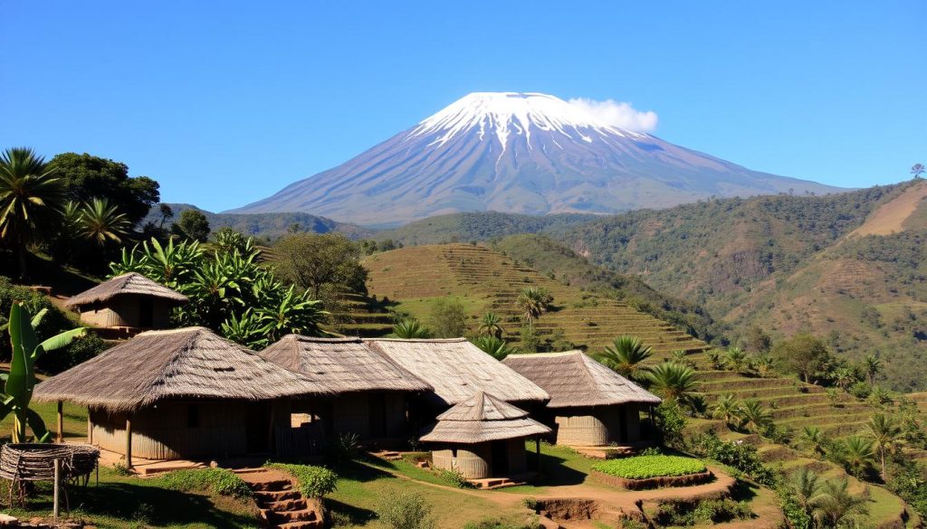 Traditional Chagga homes with Mt Kilimanjaro in the background