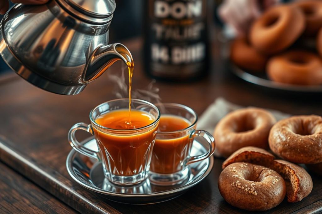 Traditional Tanzanian chai (spiced tea) being served with mandazi