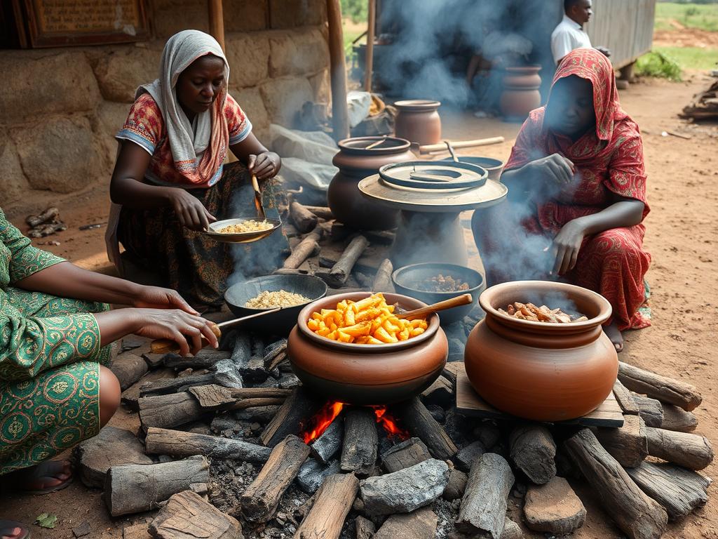 Traditional Tanzanian cooking over charcoal fire with clay pots