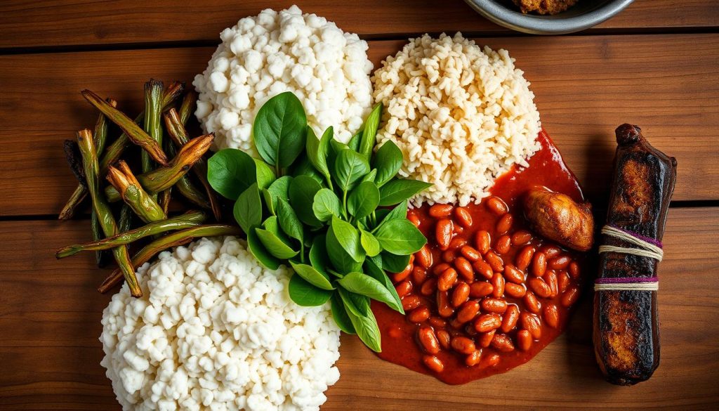 Traditional Tanzanian food spread with ugali, beans, and vegetables on a wooden table