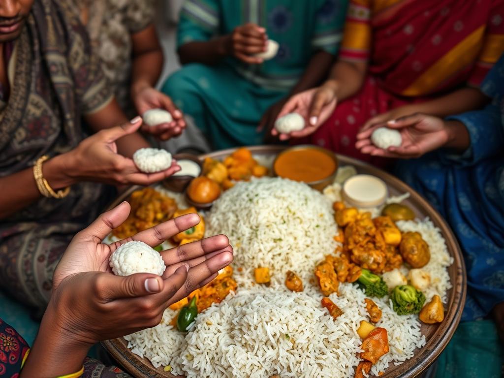 Traditional Zanzibari communal meal being eaten with right hand