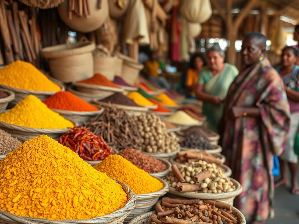 Traditional Zanzibari spice market with various colorful spices in baskets