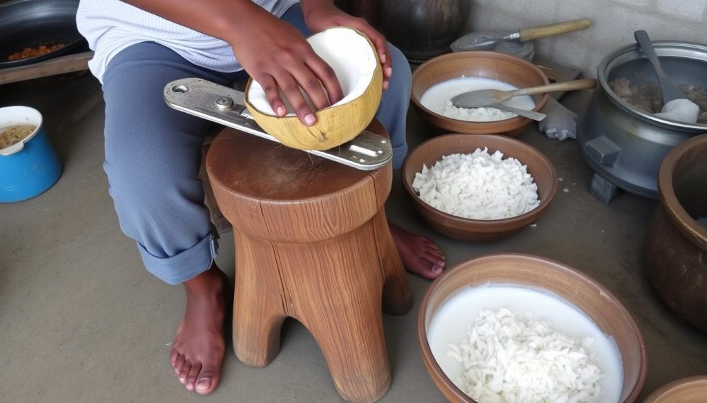 Traditional coconut grating stool being used to prepare fresh coconut milk in Zanzibar