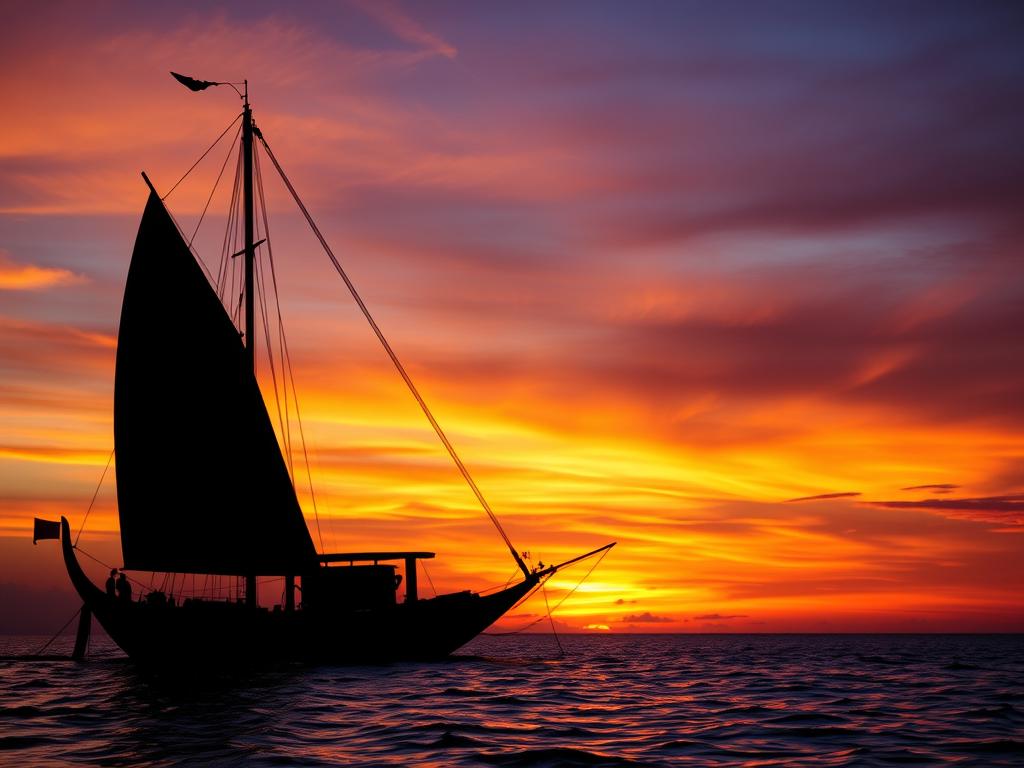 Traditional dhow sailing boat at sunset in Zanzibar