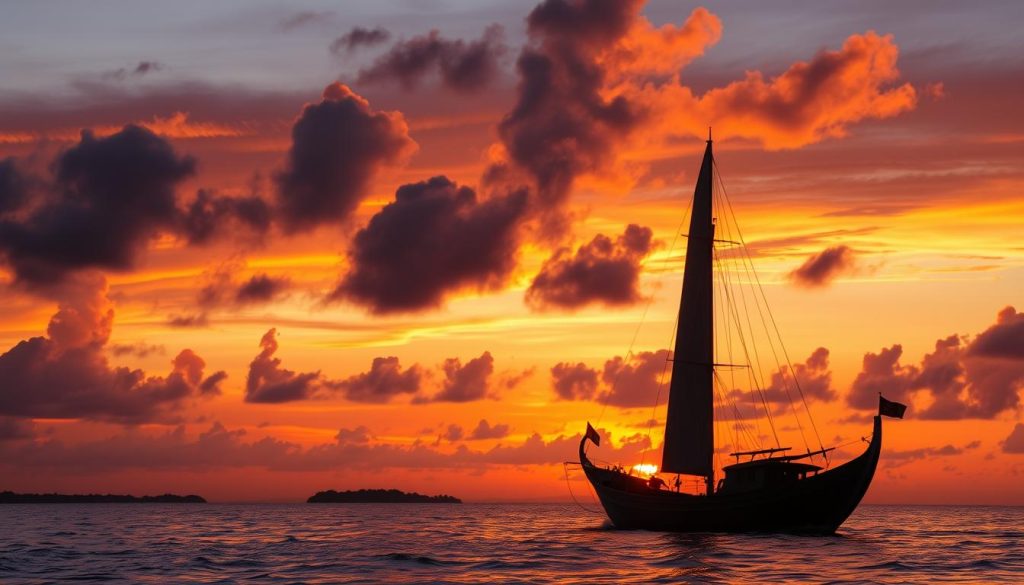 Traditional dhow sailing boat near Pemba Island at sunset Traditional dhow sailing boat near Pemba Island at sunset