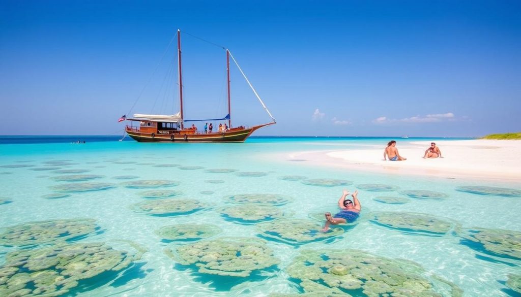 Traditional wooden dhow boat with blue sails during a Safari Blue tour in Zanzibar, with tourists snorkeling in crystal clear waters
