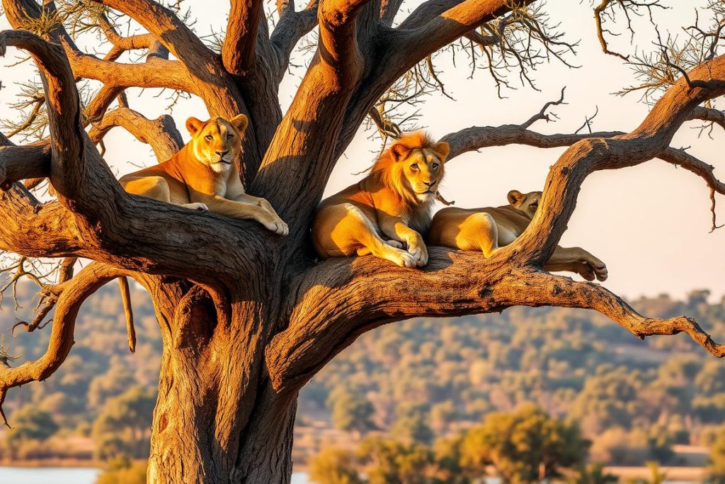 Tree-climbing lions in Lake Manyara National Park during a Tanzania adventure safari