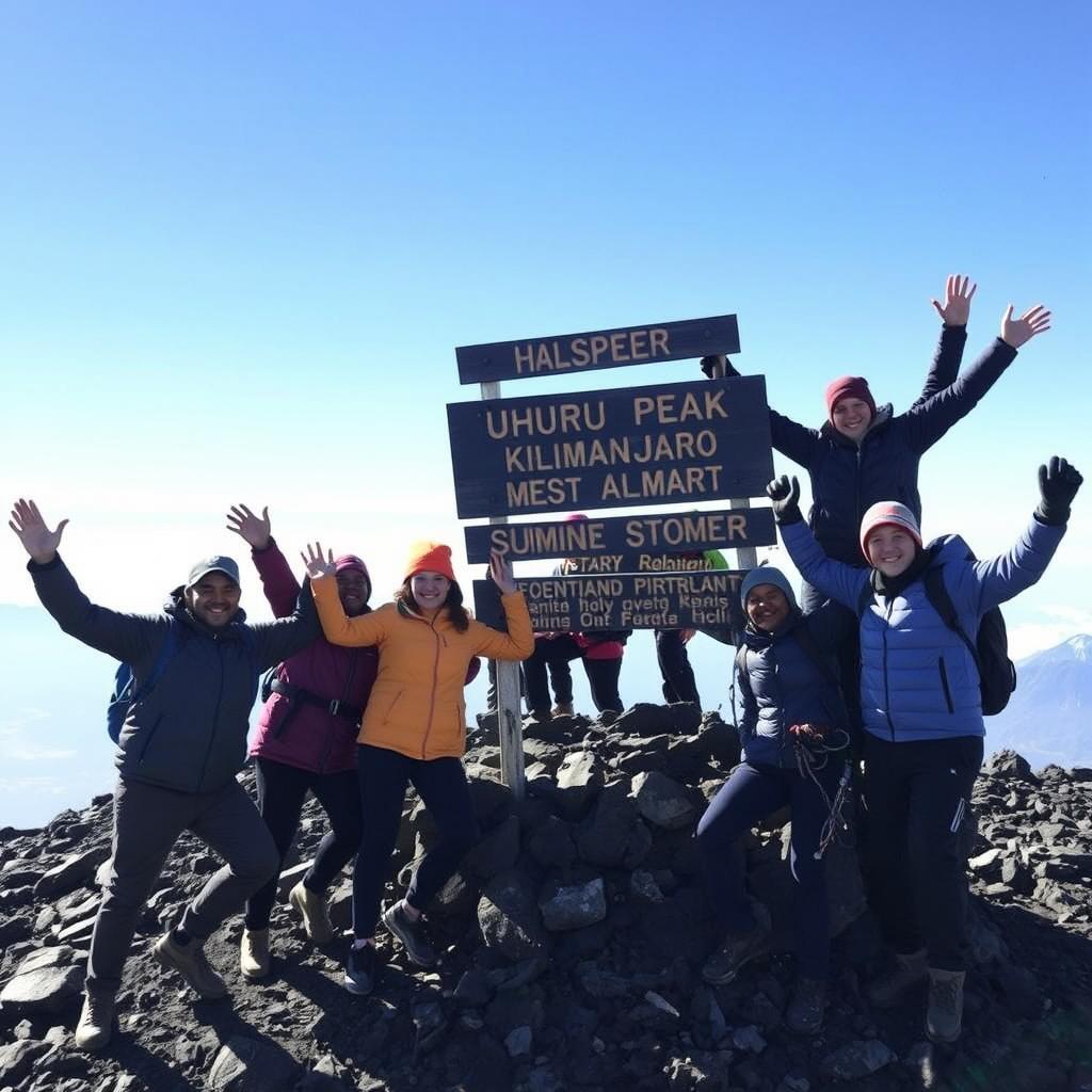Triumphant climbers at Uhuru Peak summit sign on Kilimanjaro