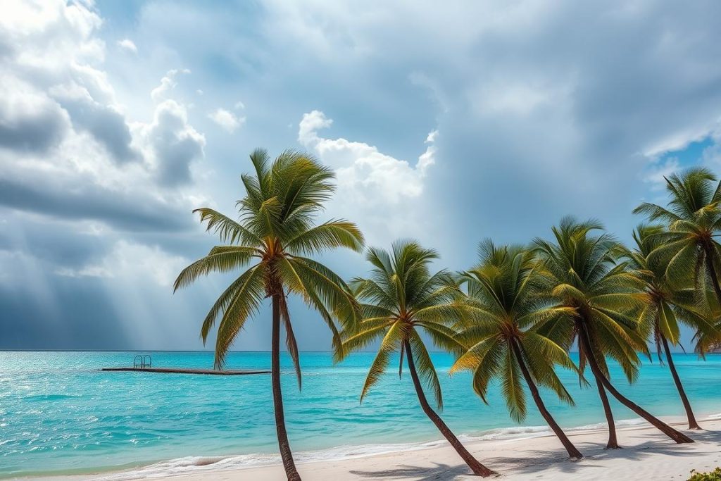 Tropical rain shower over Zanzibar beach with palm trees and turquoise water
