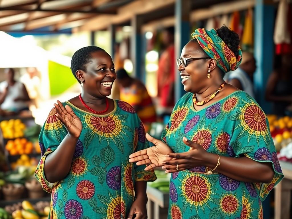 Two Tanzanian women in colorful kangas having animated conversation at local market