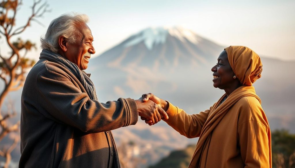 Two Tanzanians greeting each other with a traditional handshake against backdrop of Mount Kilimanjaro
