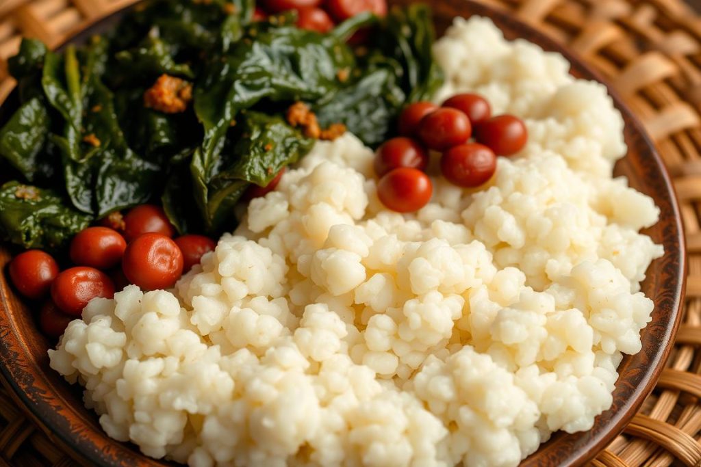 Ugali served with sukuma wiki and beans on a traditional plate