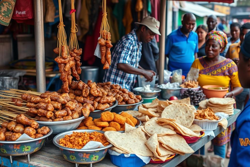 Variety of Tanzanian street food including mishkaki, chapati, and mandazi
