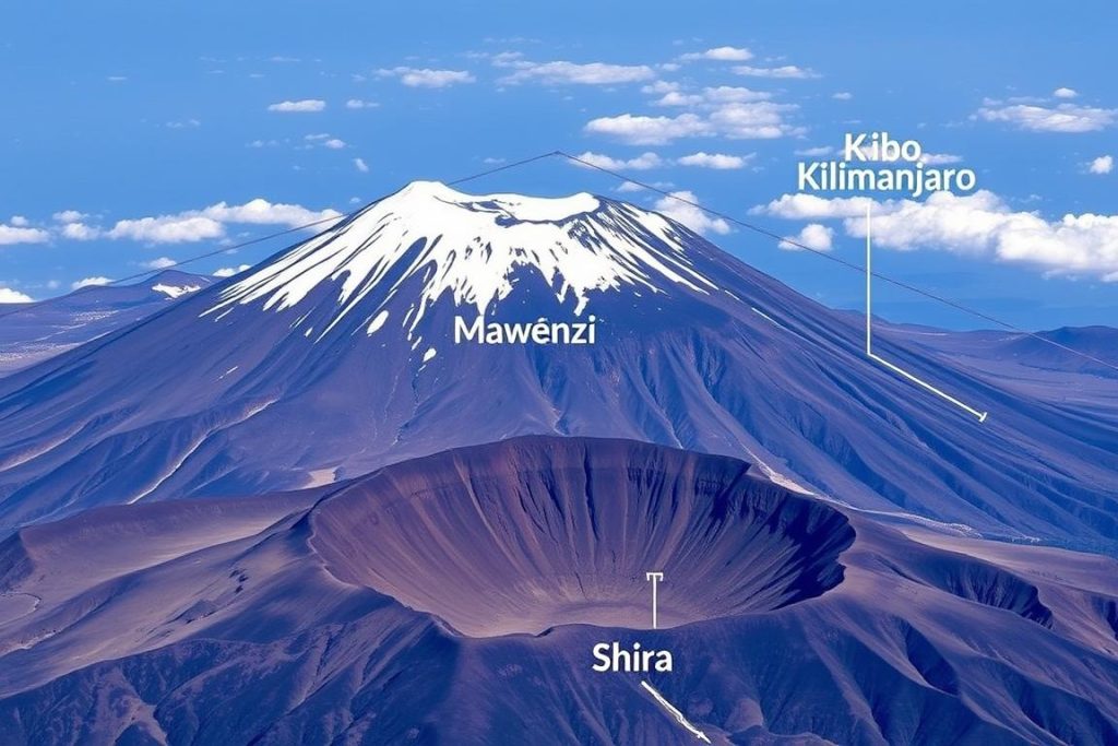 View of Mt Kilimanjaro's three volcanic cones: Kibo, Mawenzi, and Shira