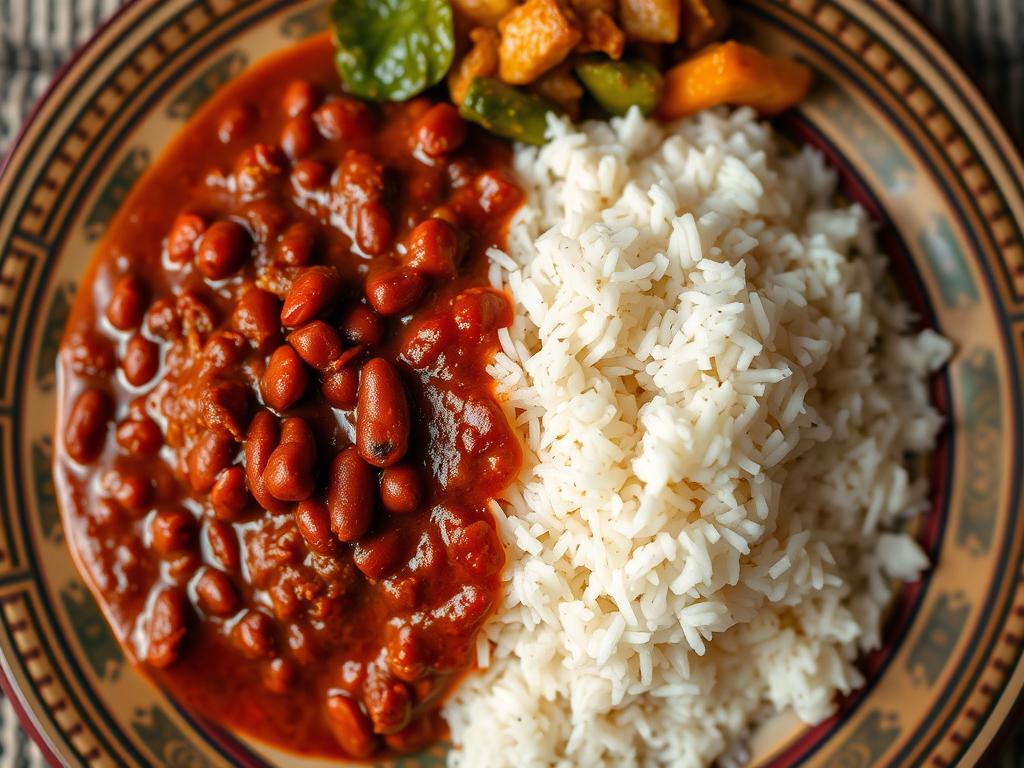 Wali na Maharage (rice and beans) served with vegetables on a traditional plate