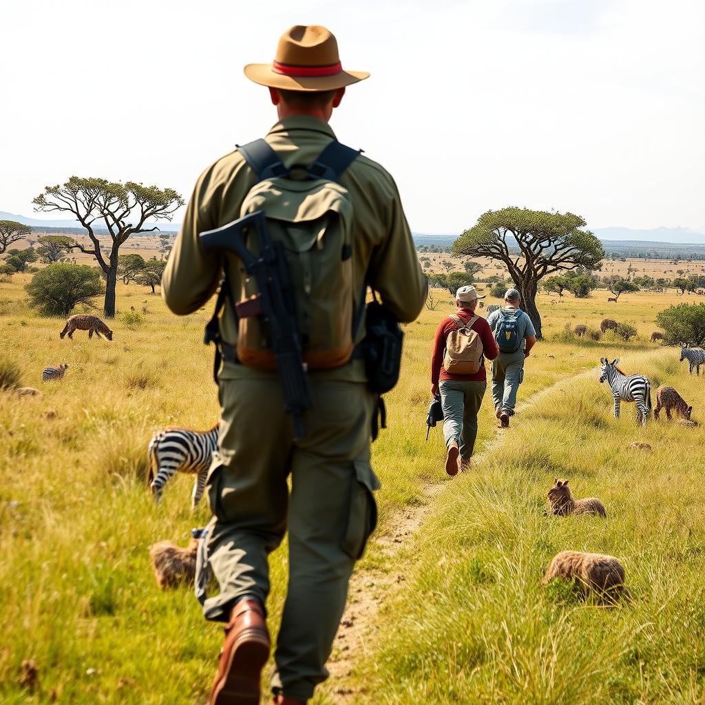 Walking safari with guide in Tanzanian wilderness