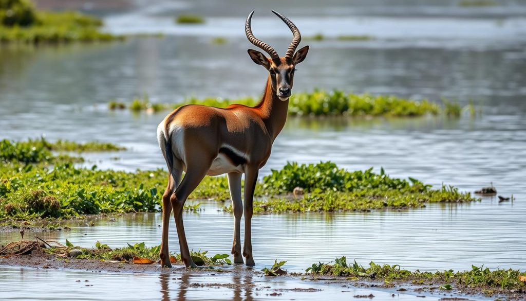 Waterbuck antelope near a water source in its natural habitat