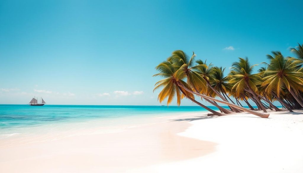White sand beach in Zanzibar with turquoise waters and traditional dhow sailboats