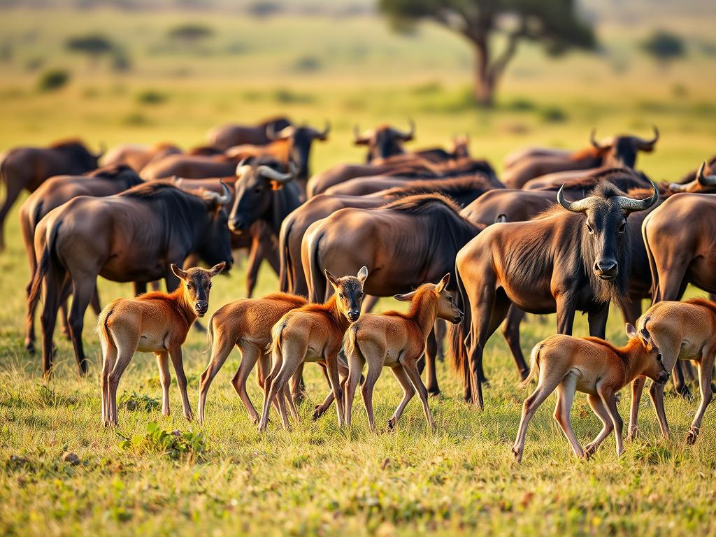 Wildebeest calves in the southern Serengeti during Tanzania migration safari