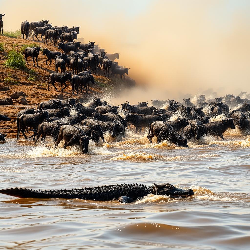 Wildebeest crossing the Grumeti River during migration