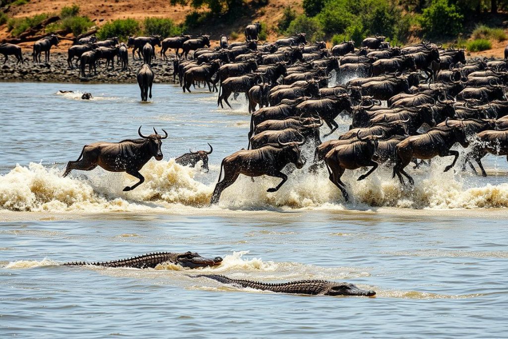 Wildebeest crossing the Mara River during Tanzania migration safari