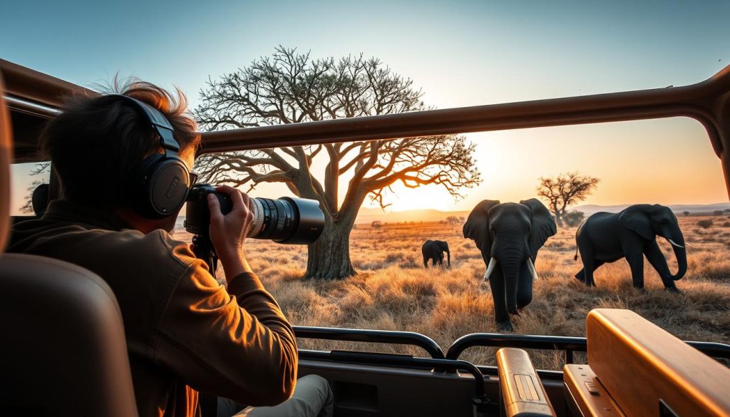 Wildlife photographer with professional camera equipment photographing elephants from a specialized photography vehicle in Tarangire