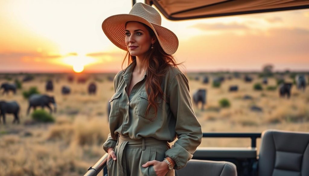 Woman in complete safari outfit enjoying African sunset
