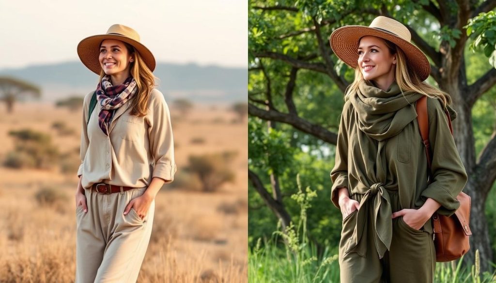 Woman in safari clothing during different seasons