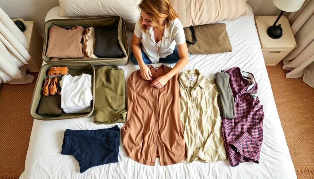 Woman organizing safari clothing into packing cubes