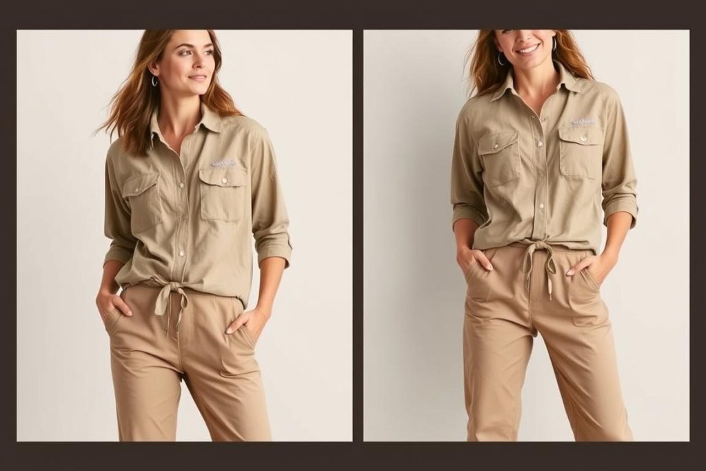 Woman wearing Columbia budget-friendly safari clothing