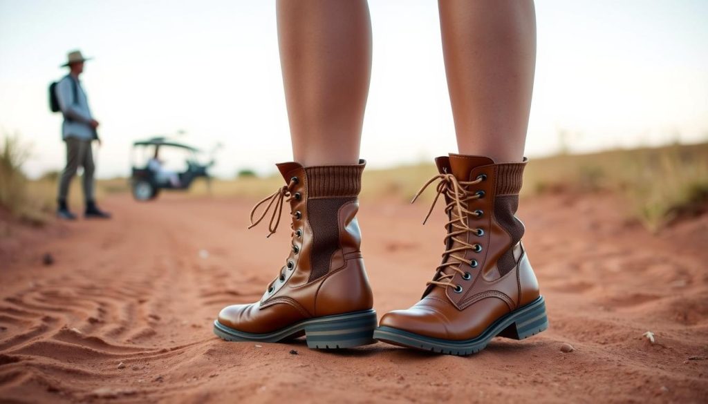Woman wearing appropriate safari boots during walking safari