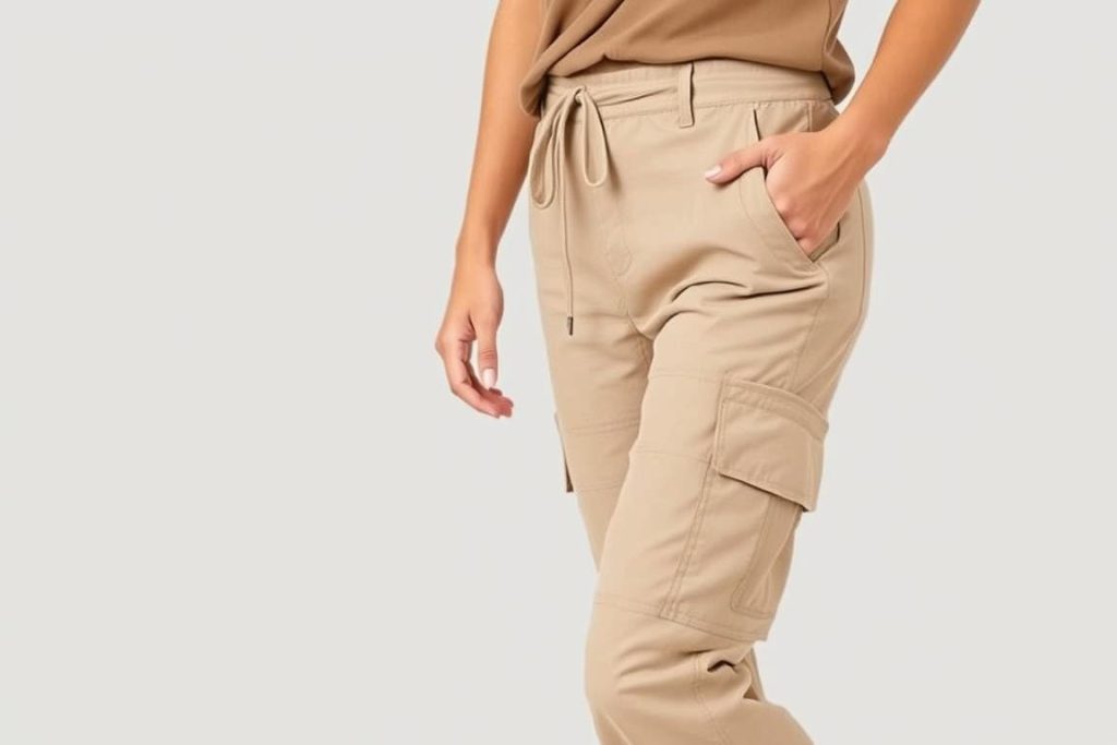 Woman wearing cargo-style safari pants with multiple pockets