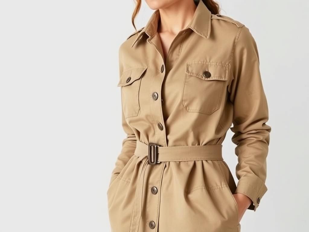 Woman wearing classic safari jacket with multiple pockets