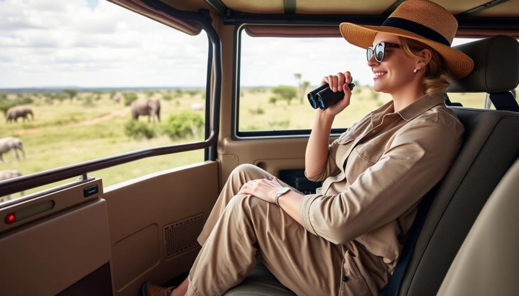 Woman wearing comfortable safari pants during game drive