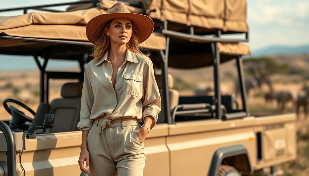 Woman wearing essential safari clothes for women standing next to safari vehicle